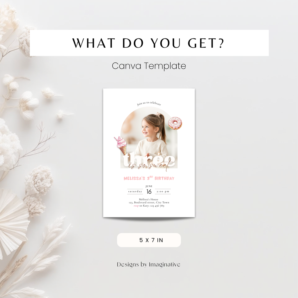 Invitation card template with a girl and donut design on a light background