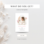 Invitation card template with a girl and donut design on a light background