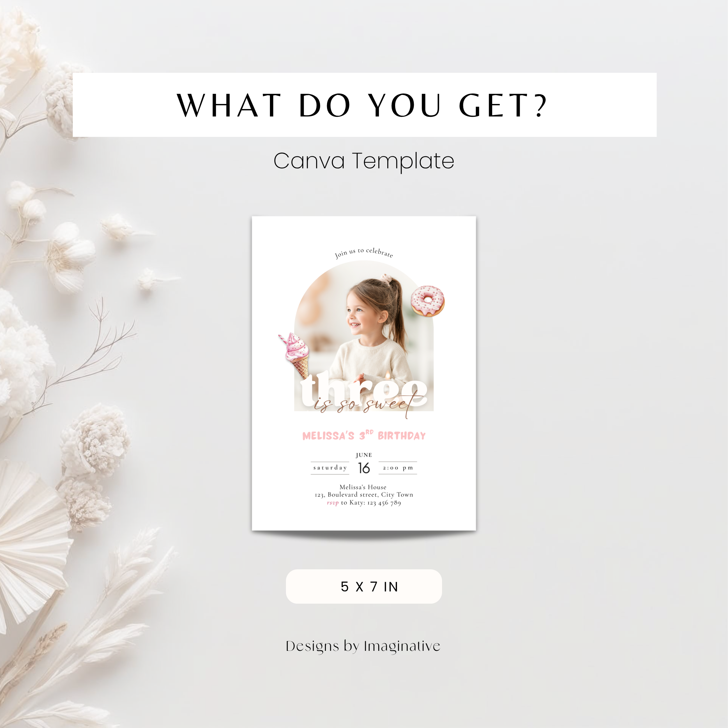 Invitation card template with a girl and donut design on a light background
