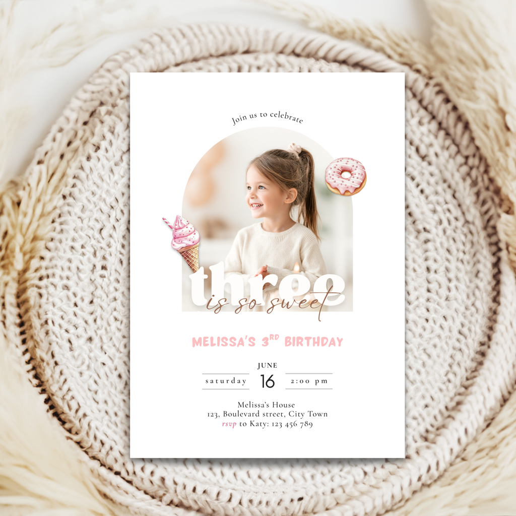 3rd Birthday invitation card with a photo of a girl and ice cream cone on a textured surface