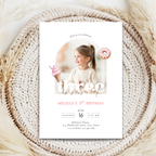 3rd Birthday invitation card with a photo of a girl and ice cream cone on a textured surface