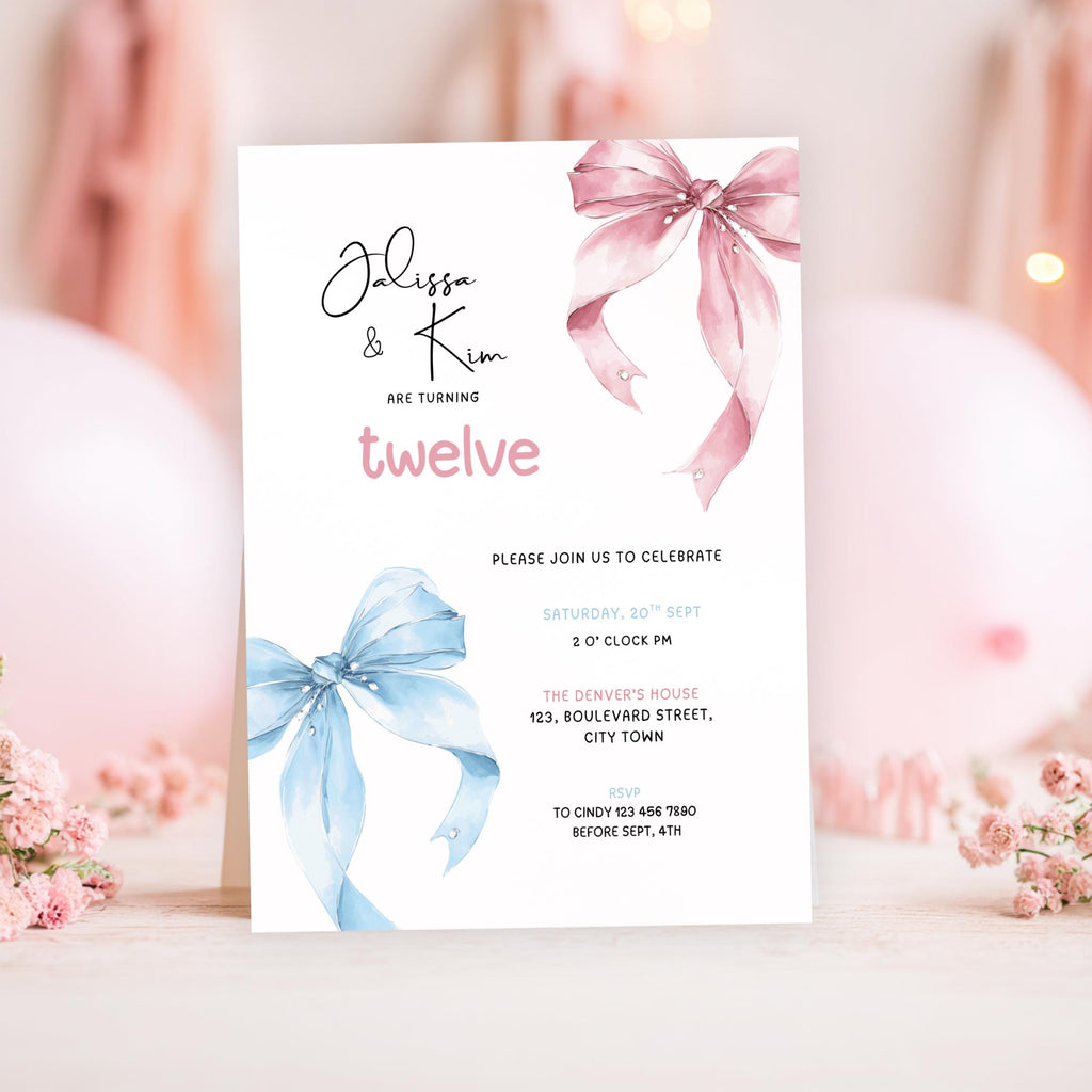 12th birthday Invitation card with pink and blue ribbons on a blurred background