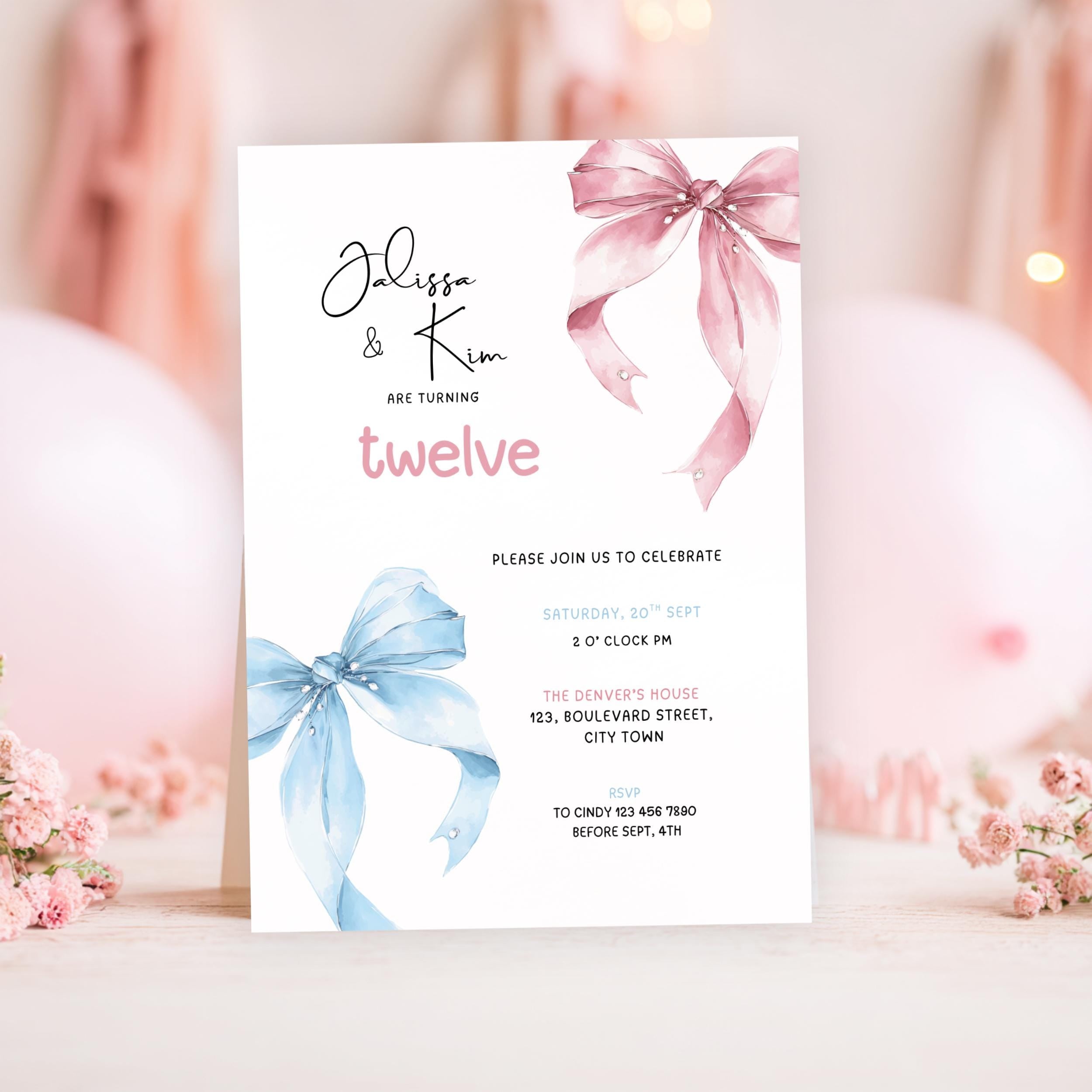 12th birthday Invitation card with pink and blue ribbons on a blurred background
