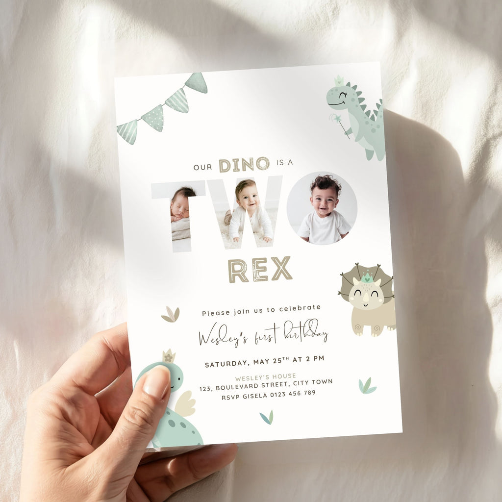 A hand holds a customizable dinosaur-themed 2nd birthday invitation card. The white card features cute illustrations of a baby dinosaur and a baby named 'Miley' in the place of the word 'TWO'.