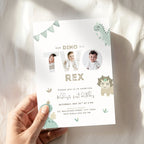 A hand holds a customizable dinosaur-themed 2nd birthday invitation card. The white card features cute illustrations of a baby dinosaur and a baby named 'Miley' in the place of the word 'TWO'.