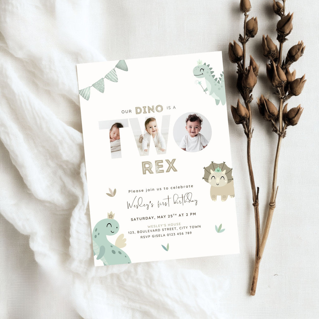 Green Two Rex 2nd Birthday Photo Invitation Template Boys