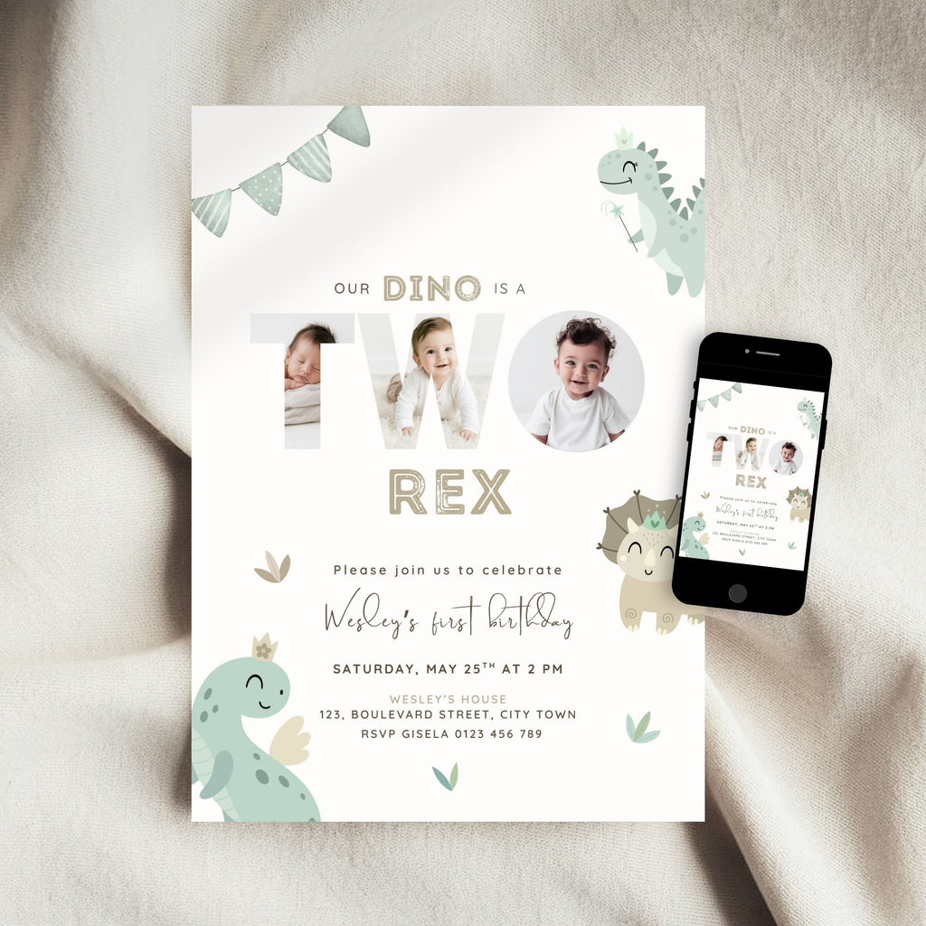 A dinosaur-themed 2nd birthday invitation card is styled on a soft beige fabric background, with a smartphone showing the same design beside it. The card features pastel green cartoon dinosaurs, bunting, and the text 'Our Dino is a Two Rex' with photo placeholders in the large 'Two' letters.