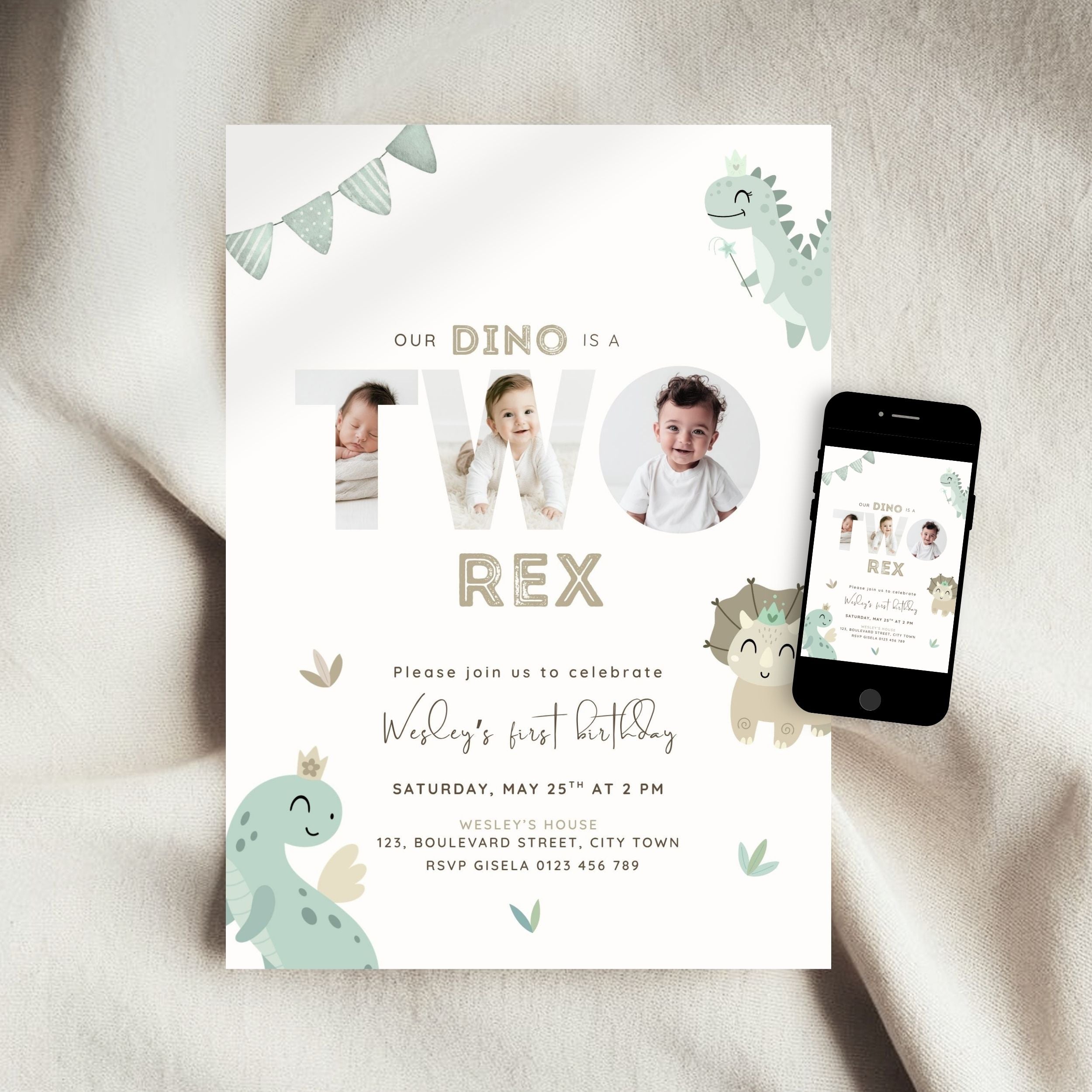 A dinosaur-themed 2nd birthday invitation card is styled on a soft beige fabric background, with a smartphone showing the same design beside it. The card features pastel green cartoon dinosaurs, bunting, and the text 'Our Dino is a Two Rex' with photo placeholders in the large 'Two' letters.