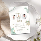 Green Two Rex 2nd Birthday Photo Invitation Template Boys