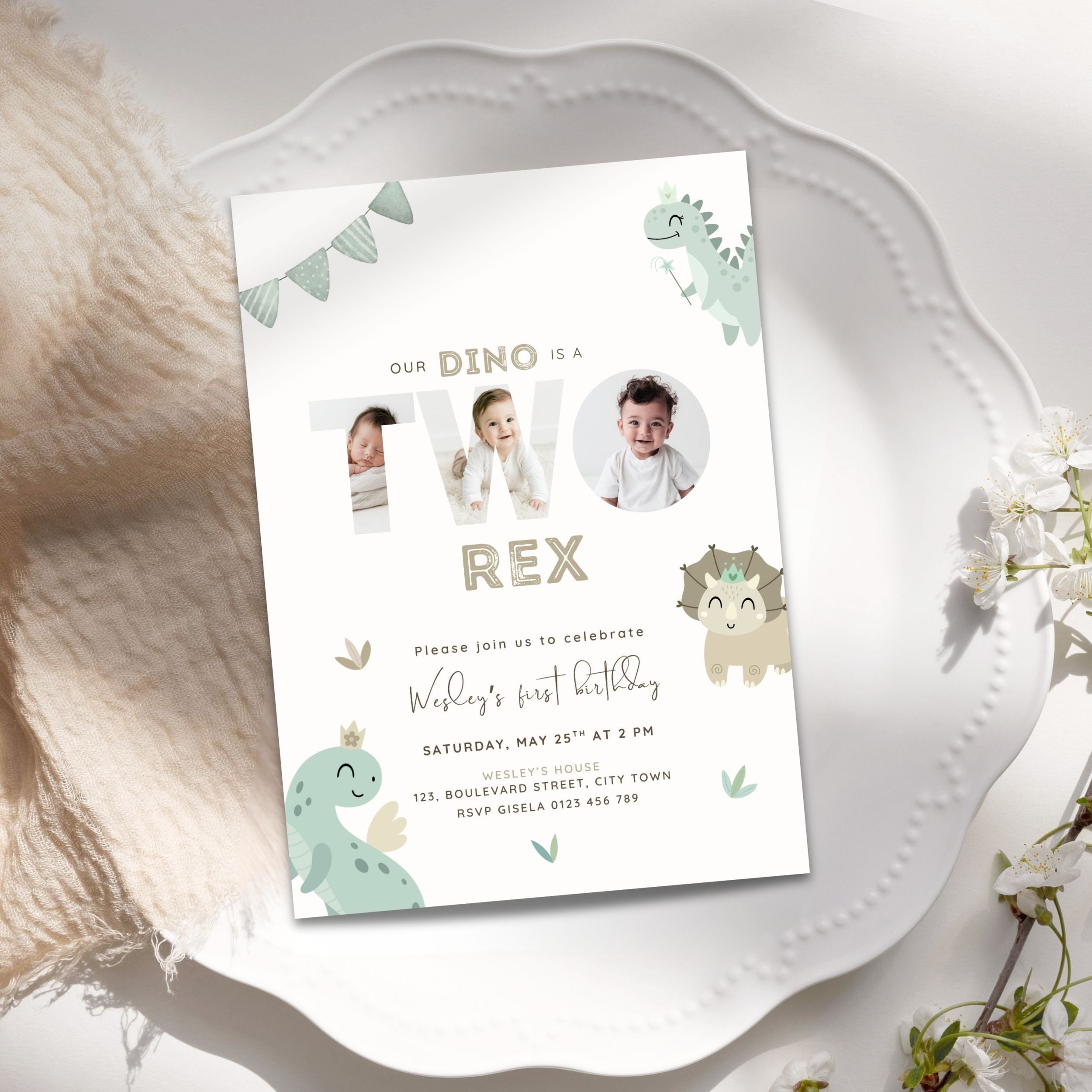 Green Two Rex 2nd Birthday Photo Invitation Template Boys