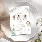 2nd birthday invite customization example, green dinosaur photo design