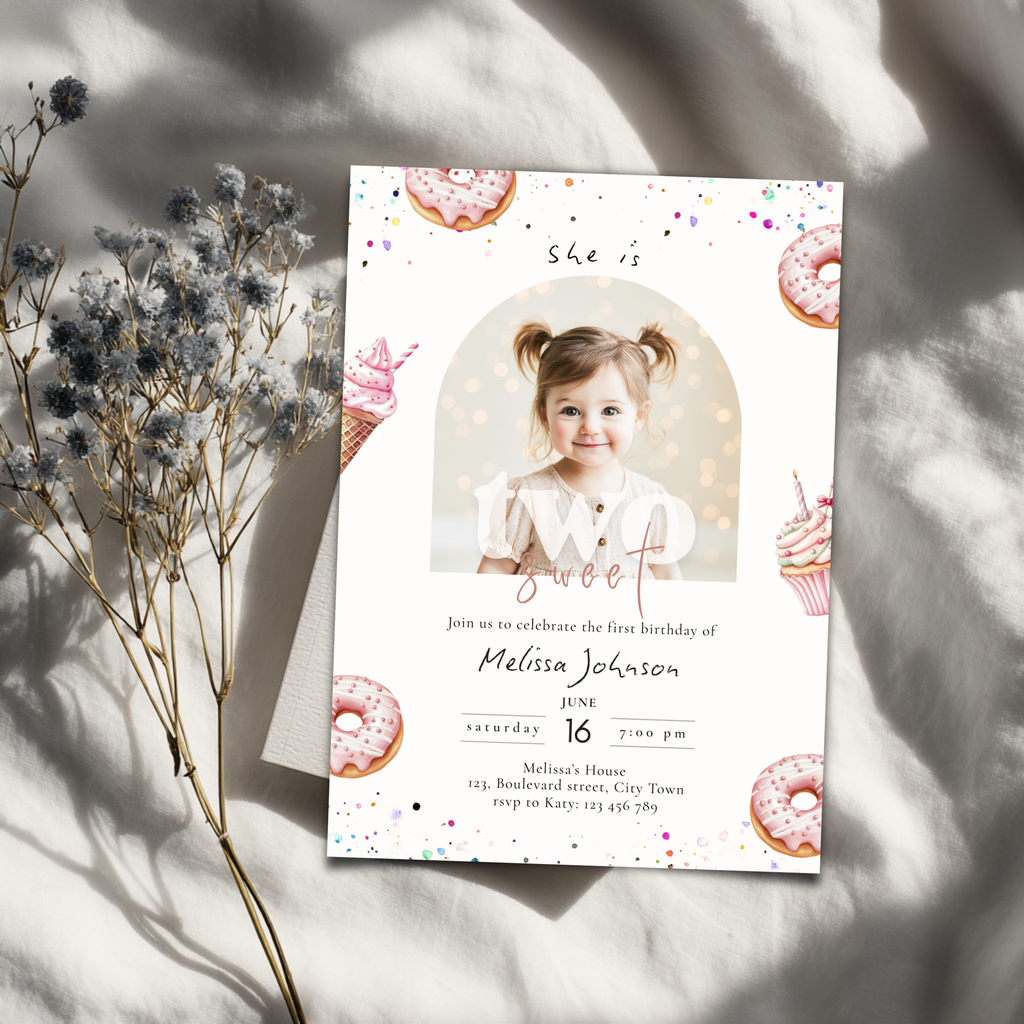 2nd birthday Invitation card with a photo of a young girl, donuts, and cupcakes on a light background.