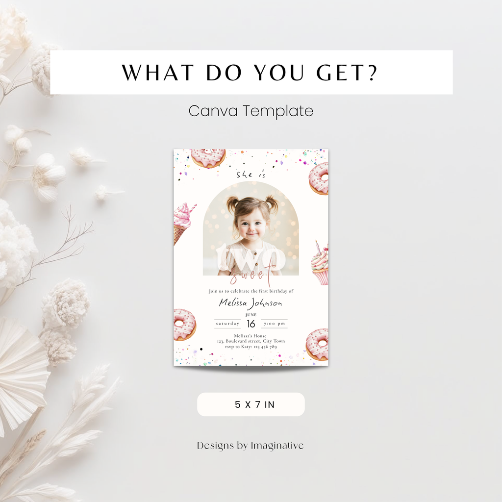 Invitation card template with a photo of a young girl on a white background with floral elements.