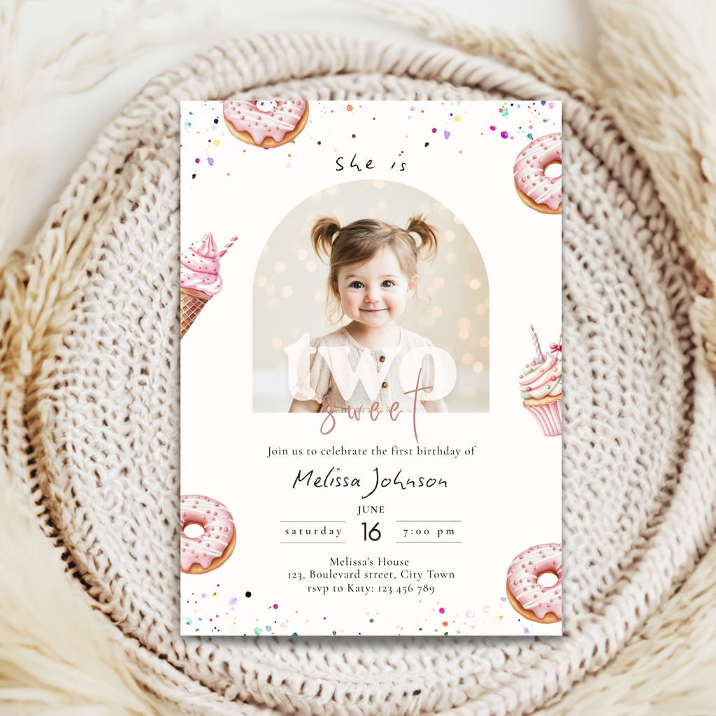 Two sweet birthday invitation card with a photo of a child and donut-themed design on a textured surface.
