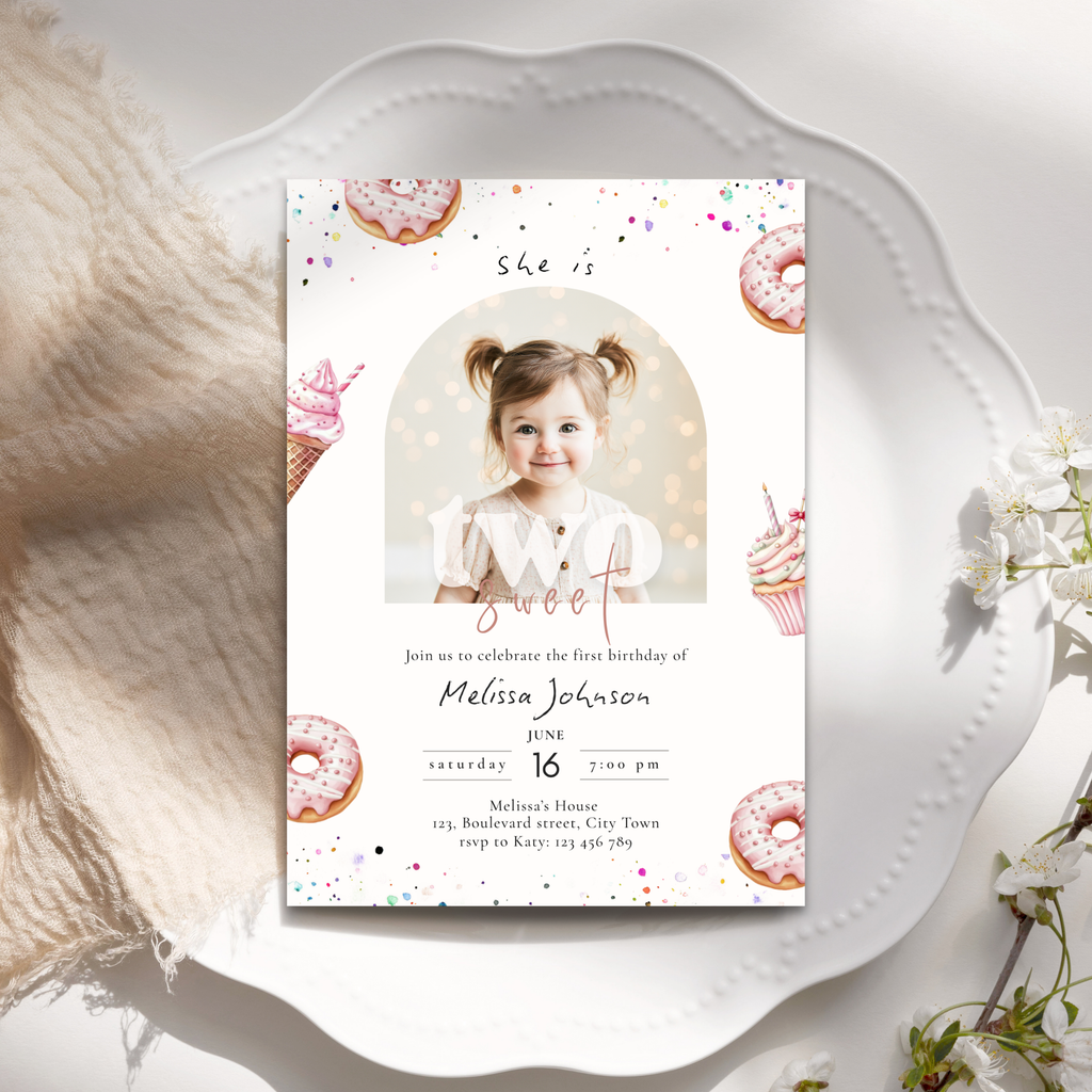 Second Birthday invitation card with a photo of a young girl on a decorative plate.