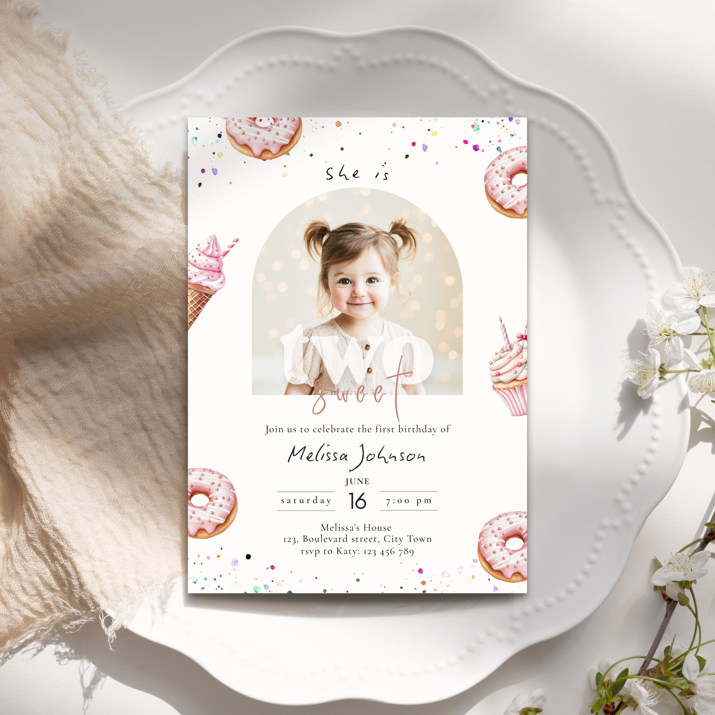 Second Birthday invitation card with a photo of a young girl on a decorative plate.