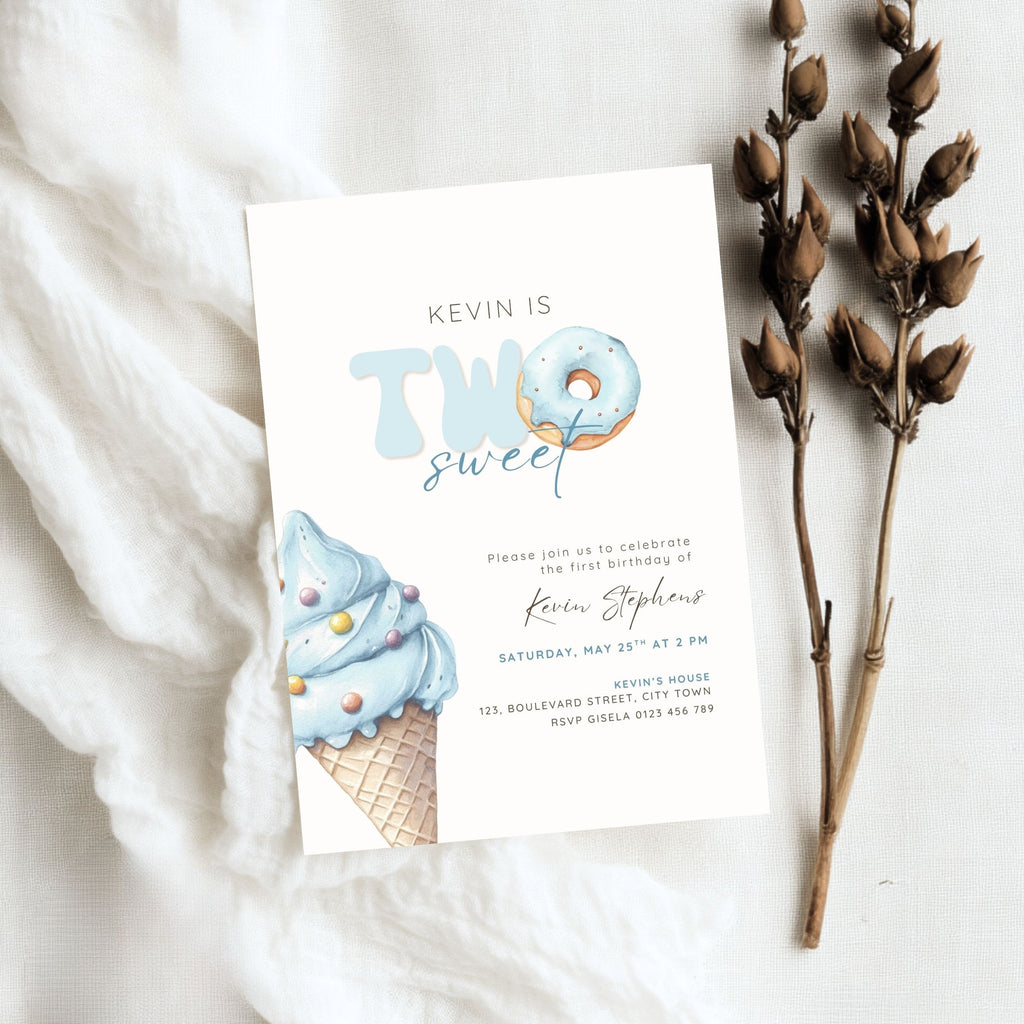 Blue Two Sweet 2nd Birthday Invitation Template Boys