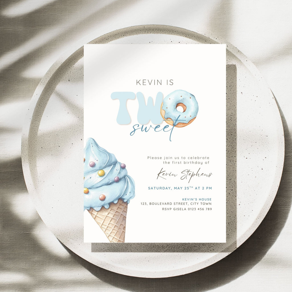 Blue Two Sweet 2nd Birthday Invitation Template Boys