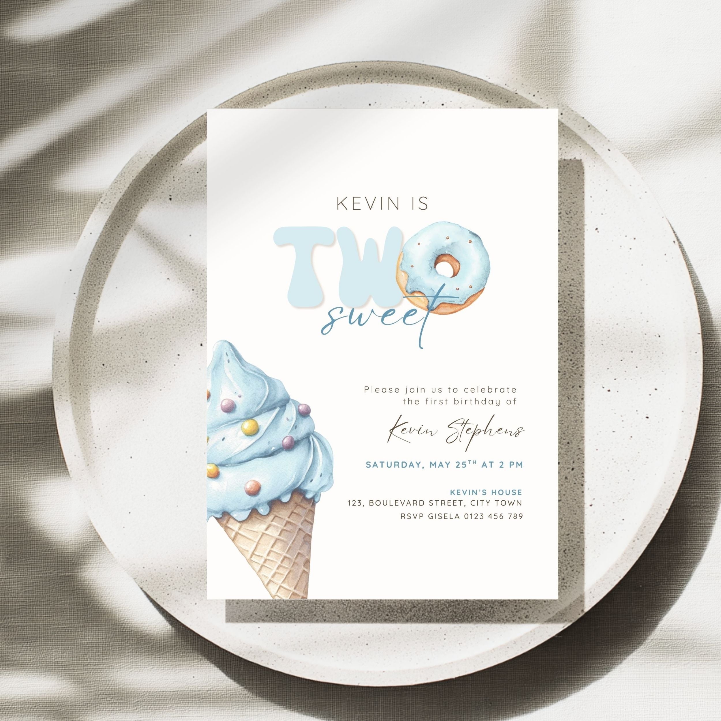 Blue Two Sweet 2nd Birthday Invitation Template Boys