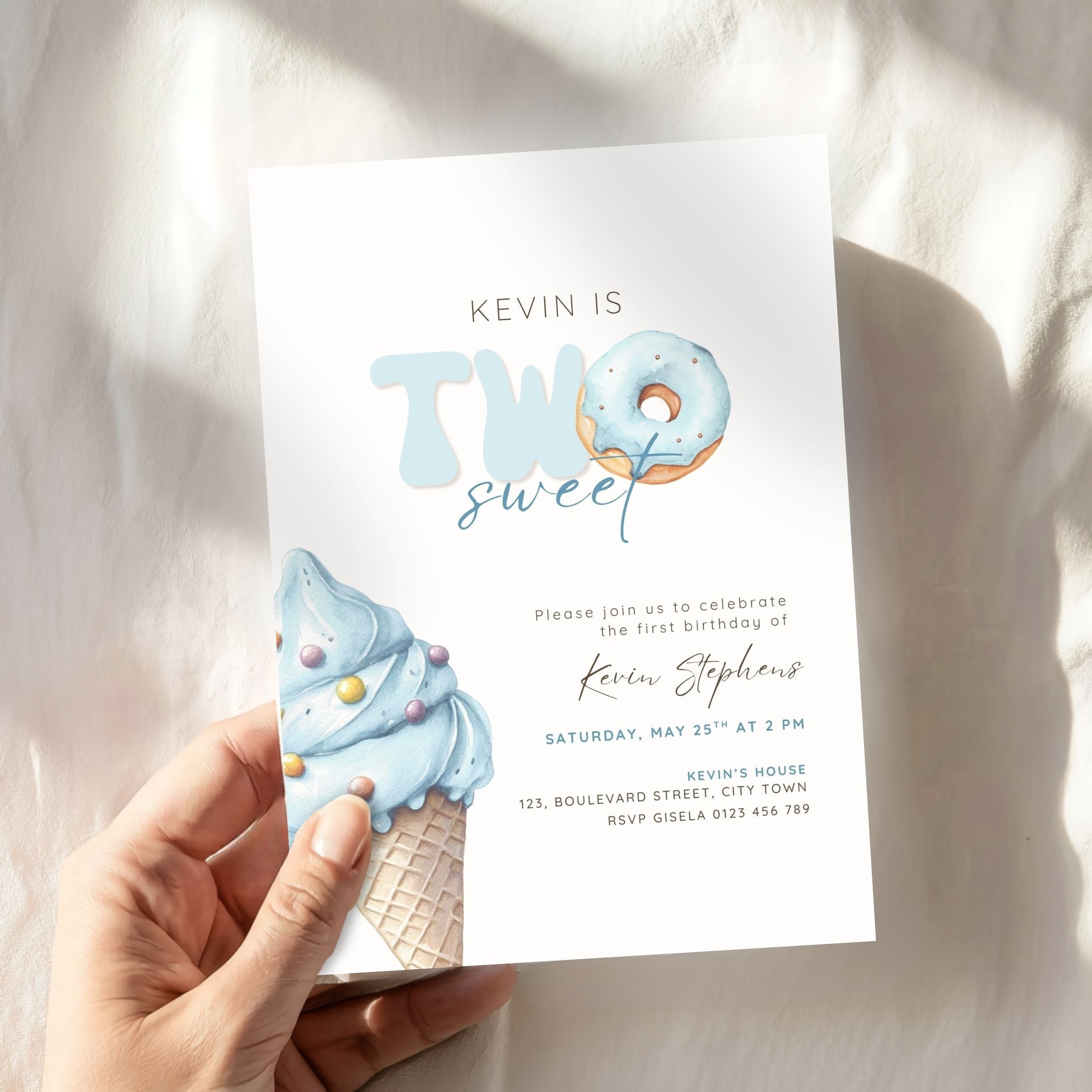 Blue Two Sweet 2nd Birthday Invitation Template Boys