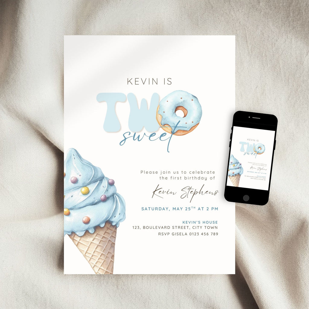 Blue Two Sweet 2nd Birthday Invitation Template Boys