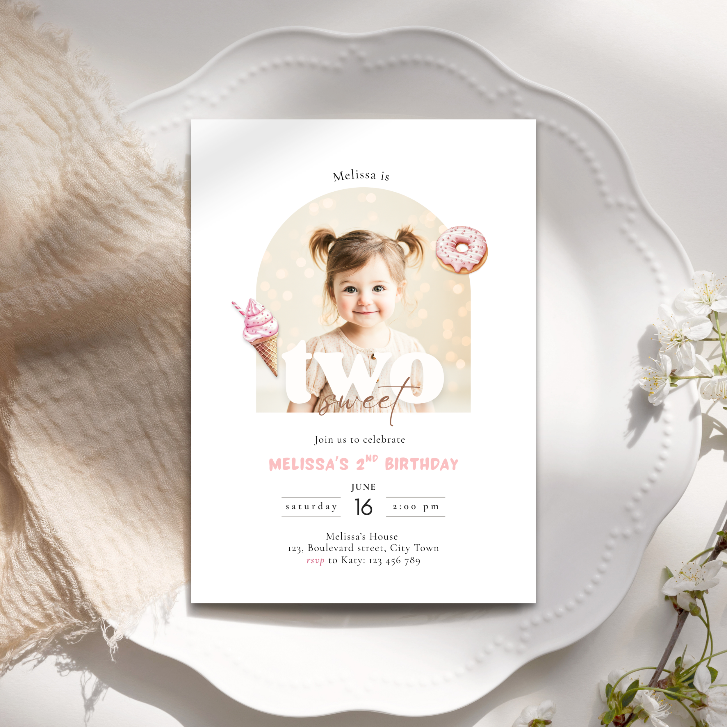She's Two Sweet 2nd Birthday Invitation Photo Girls