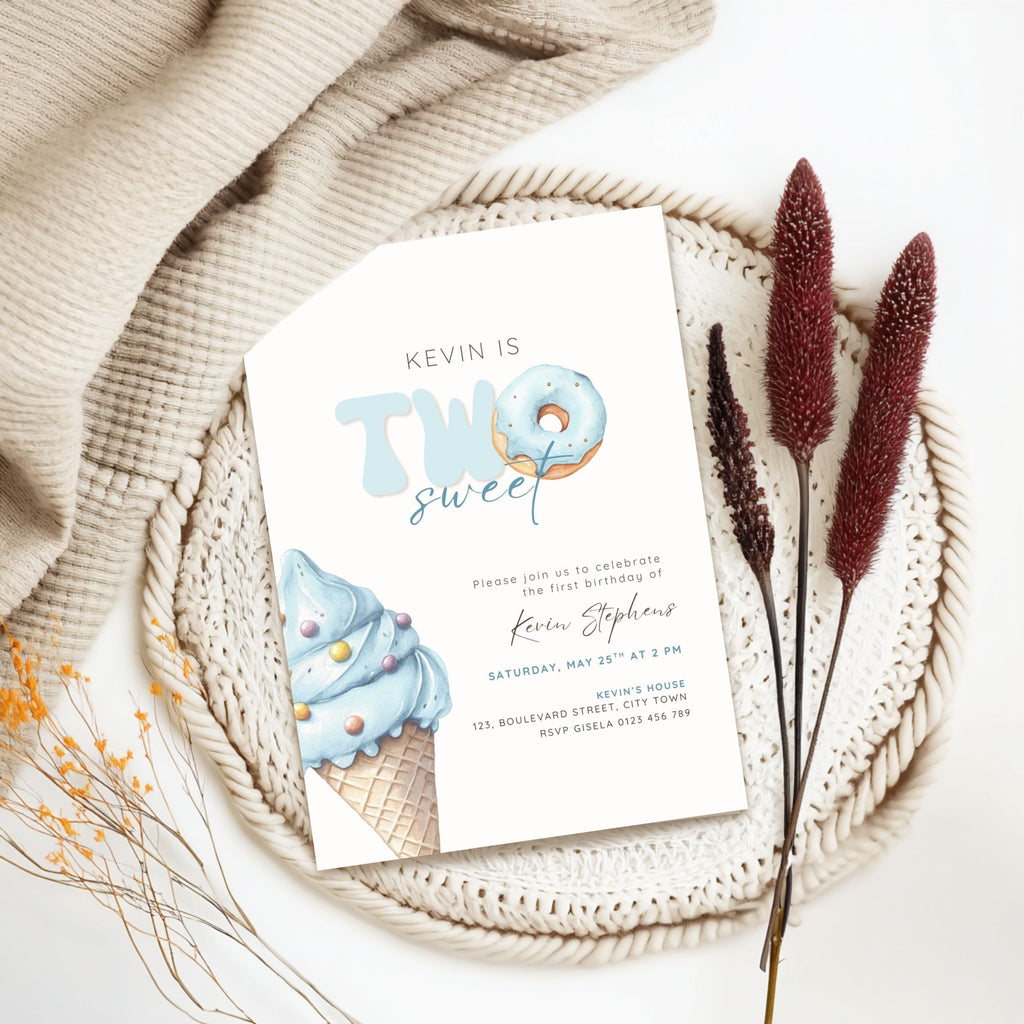 Blue Two Sweet 2nd Birthday Invitation Template Boys