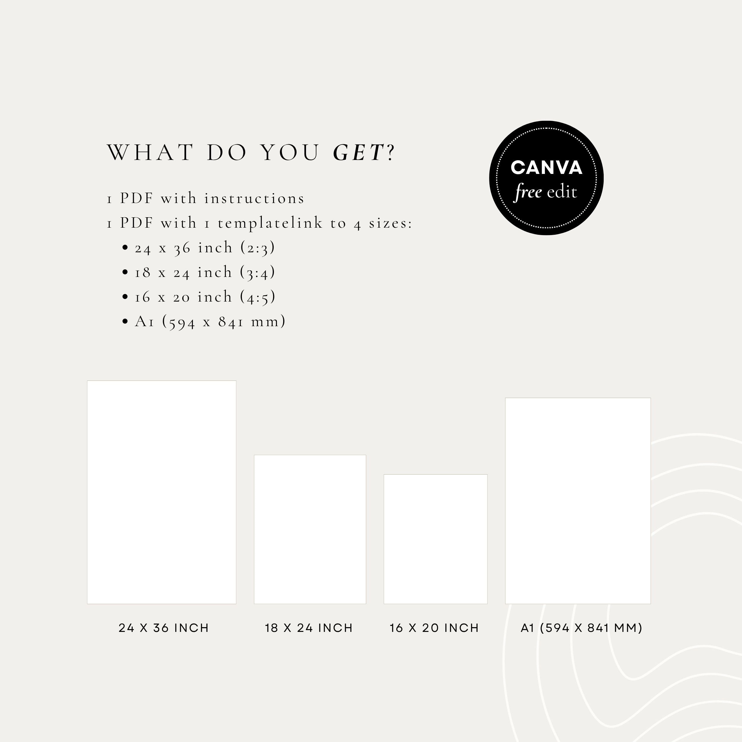 A product information graphic on a light warm-gray background. Text reads 'WHAT DO YOU GET?' and lists a PDF with instructions and a template link to four sizes: 24 x 36 inch, 18 x 24 inch, 16 x 20 inch, and A1 (594 x 841 mm).