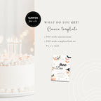 Promotional graphic for a Canva template product. The left side shows a white frosted birthday cake with lit candles and soft bokeh lights.