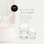 Promotional graphic for a Canva editable birthday party invitation template. The left side shows a white birthday cake with lit candles, while the right side contains text reading 'WHAT DO YOU GET? Canva template' and two small preview images of the invitation design in different sizes.