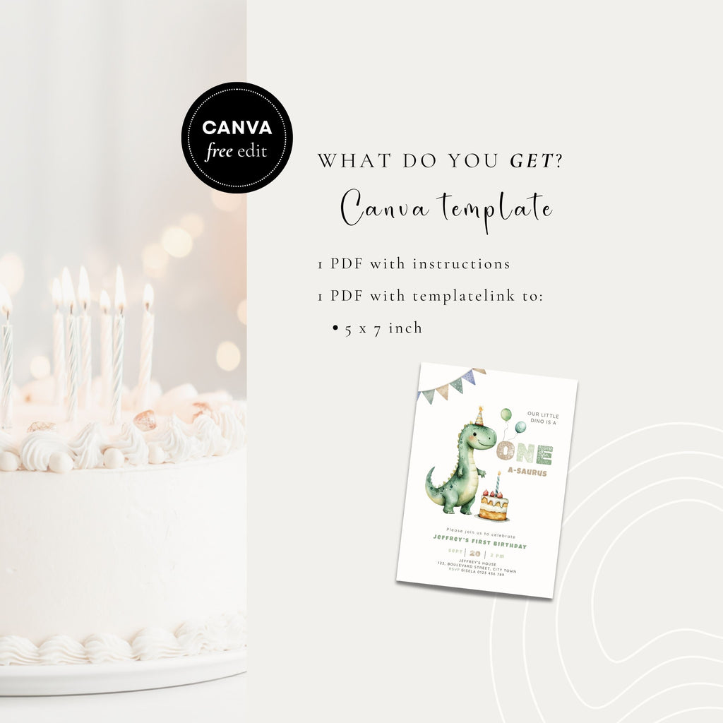 Green Dinosaur First Birthday Invitation