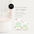 Promotional graphic for a Canva template product, showing a white birthday cake with lit candles on the left, text reading 'WHAT DO YOU GET? Canva template' and details about a 24 x 36 inch and 18 x 24 inch  PDF invitation, plus a small preview of the invitation card design. A black circular badge says 'CANVA free edit'.