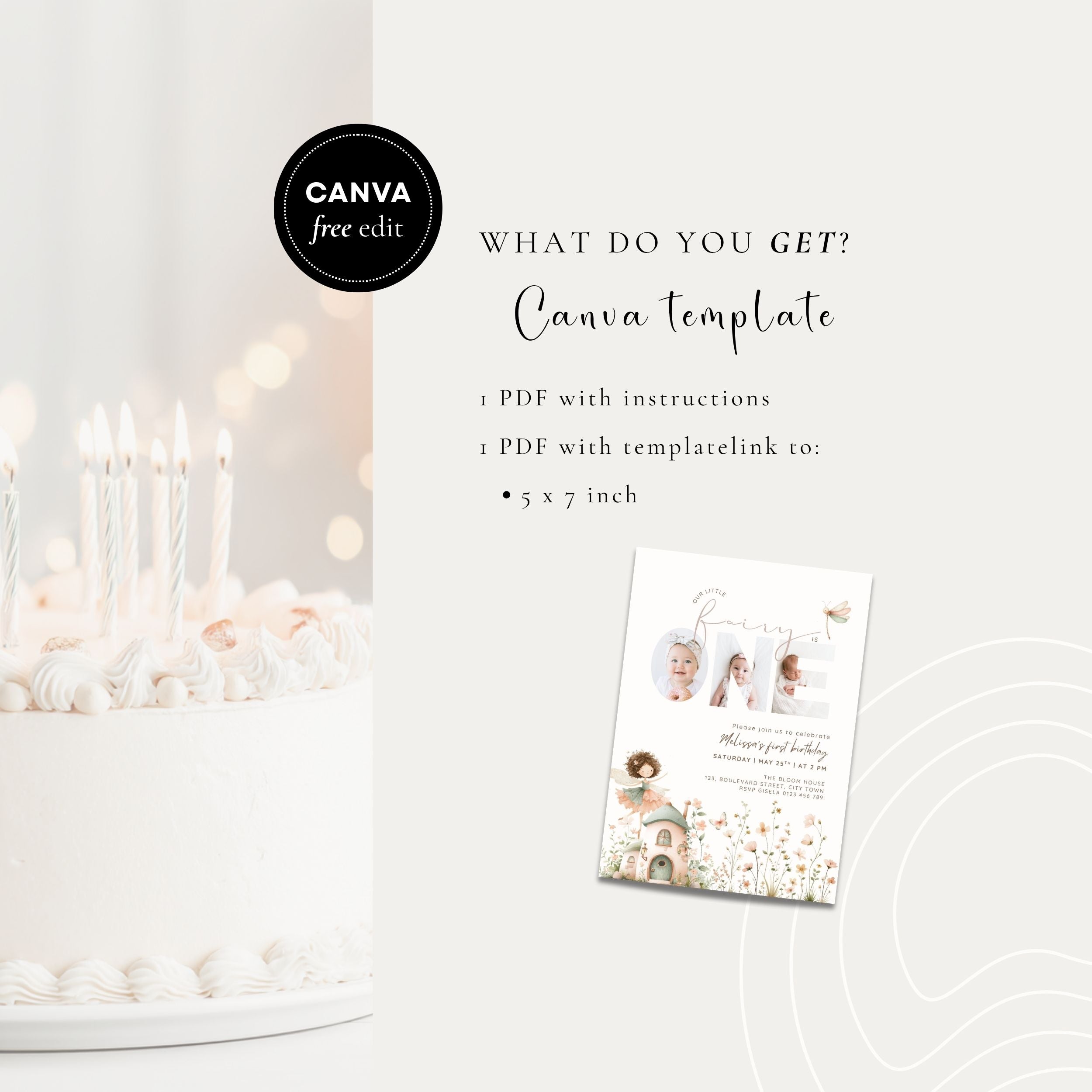 Fairy First Birthday Photo Invitation Template