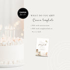 Promotional graphic for a Canva template product, showing a white birthday cake with lit candles on the left and a sample invitation card on the right with text reading 'What do you get?' and 'Canva template.'.