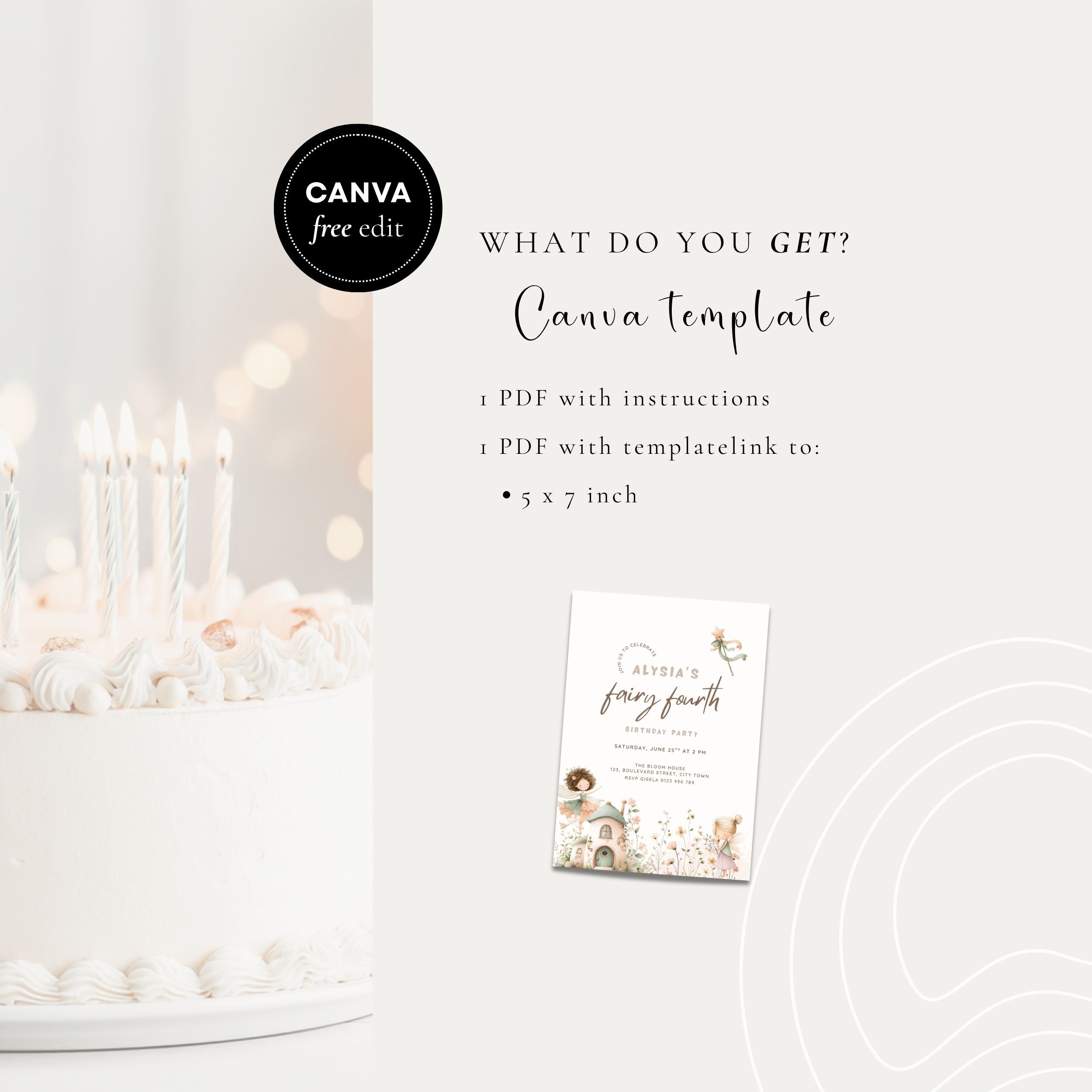 Promotional graphic for a Canva template product, showing a white birthday cake with lit candles on the left and a sample invitation card on the right with text reading 'What do you get?' and 'Canva template.'.