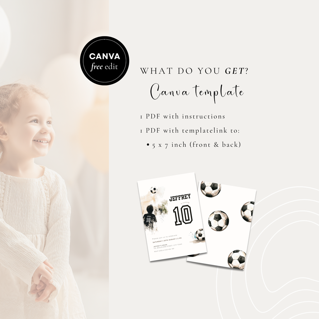 Promotional graphic for a Canva template product showing a child in a white sweater on the left, text reading 'WHAT DO YOU GET? Canva template' with details about a PDF instruction file and a 5x7 inch front and back template, plus two sample soccer-themed invitation cards on a light beige background.