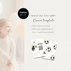Promotional graphic for a Canva template product showing a child in a white sweater on the left, text reading 'WHAT DO YOU GET? Canva template' with details about a PDF instruction file and a 5x7 inch front and back template, plus two sample soccer-themed invitation cards on a light beige background.