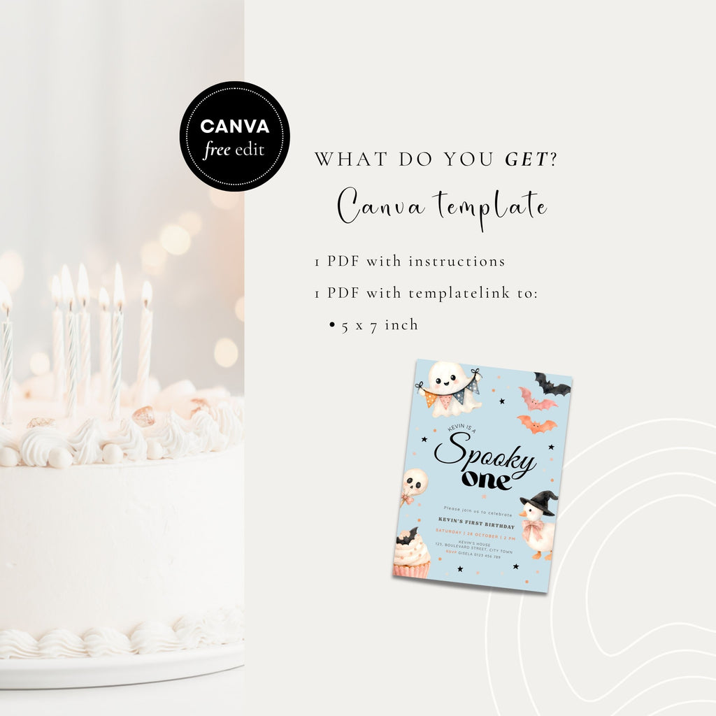 Promotional graphic for a Canva template product. The left side shows a white birthday cake with lit candles in soft warm lighting.