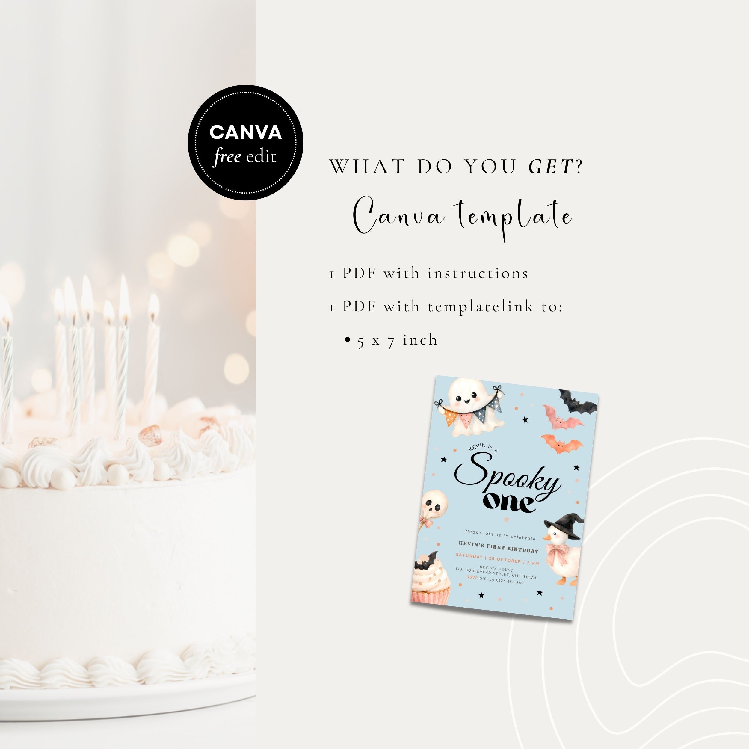 Promotional graphic for a Canva template product. The left side shows a white birthday cake with lit candles in soft warm lighting.