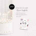 Promotional graphic for a Canva template product. The left side shows a white frosted birthday cake with lit candles and soft bokeh lights.