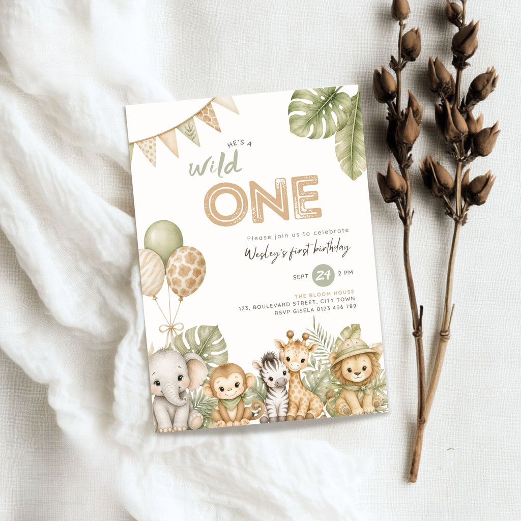 Brown Green Wild One 1st Birthday Invitation Template Boys – image 4