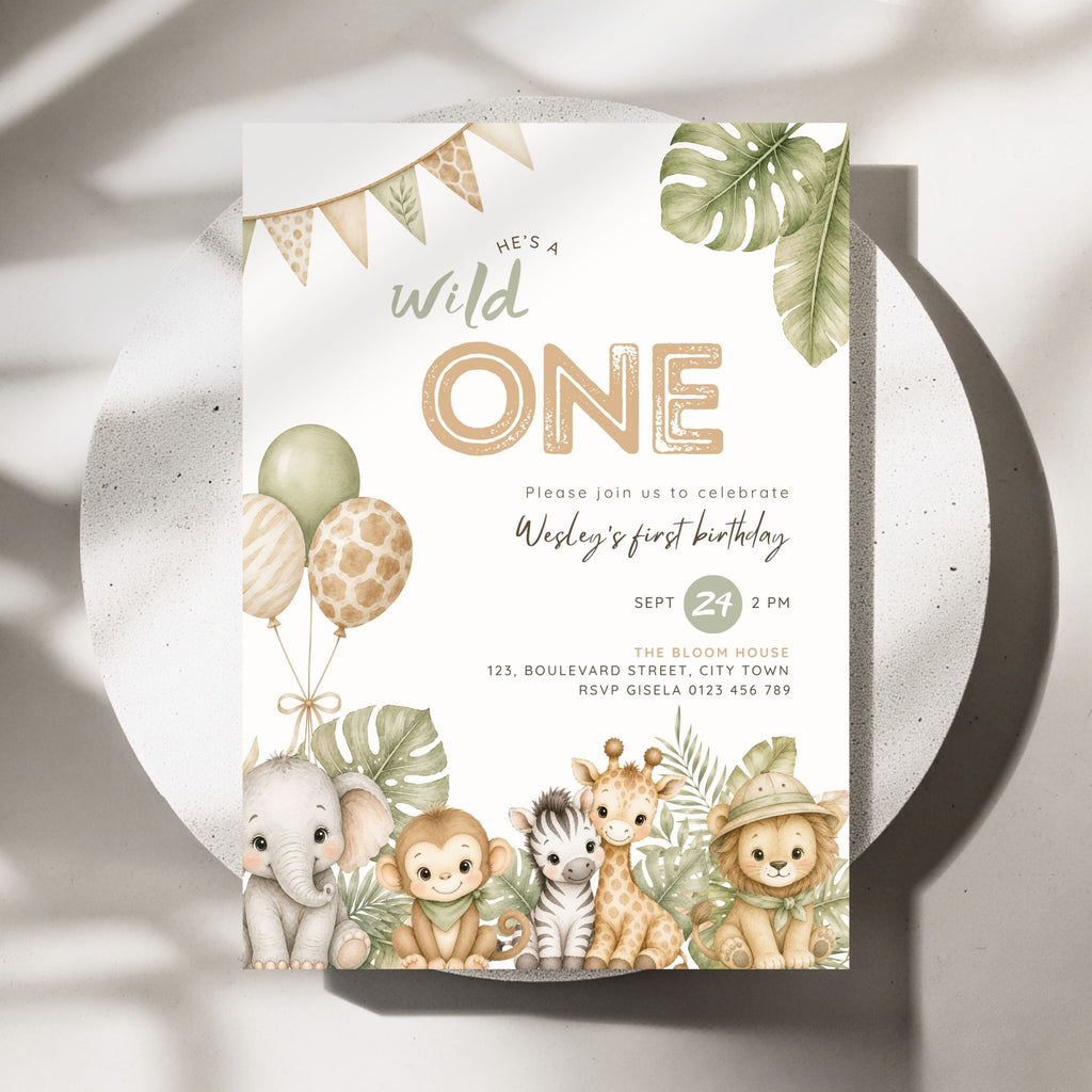 Brown Green Wild One 1st Birthday Invitation Template Boys – image 1