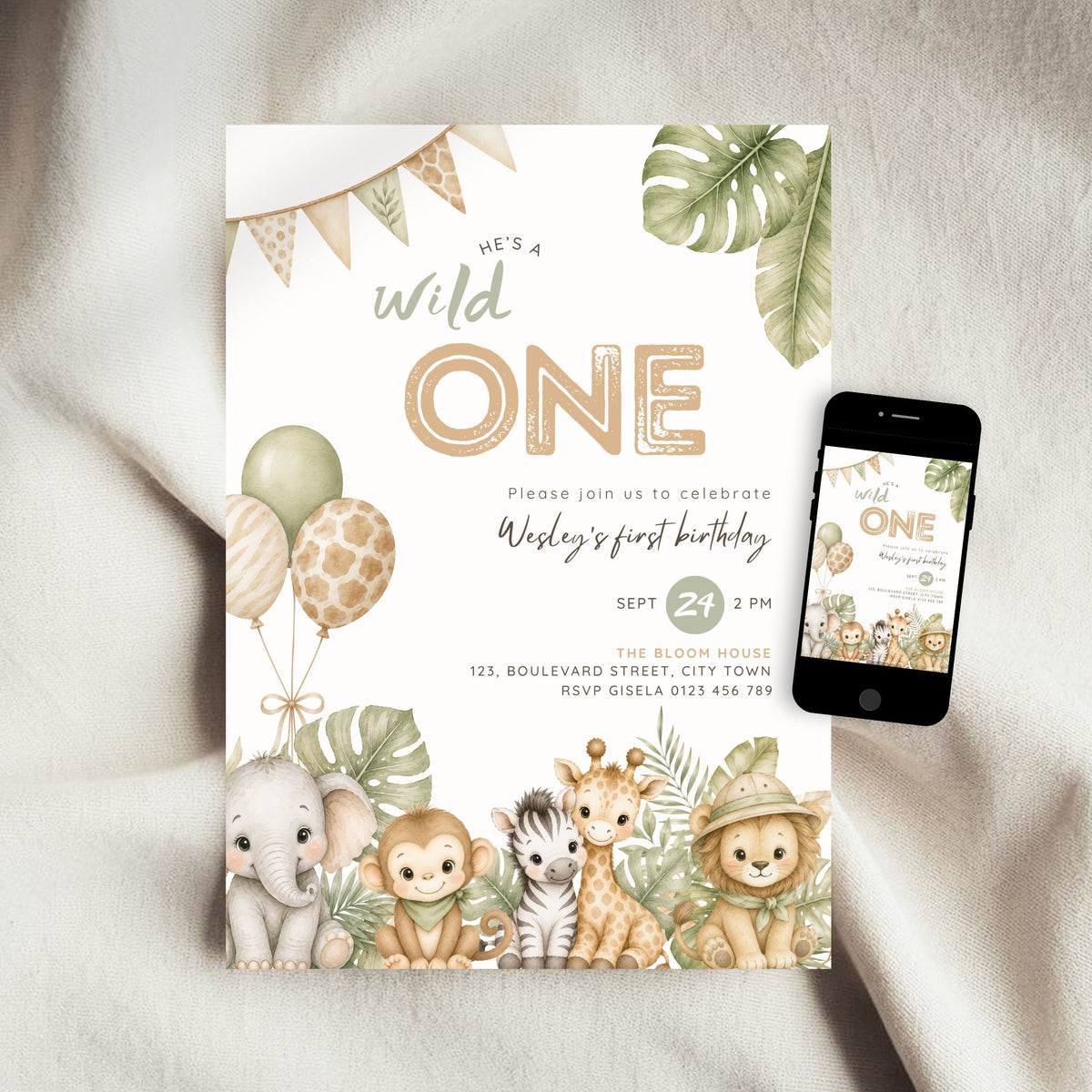 Brown Green Wild One 1st Birthday Invitation Template Boys – image 3
