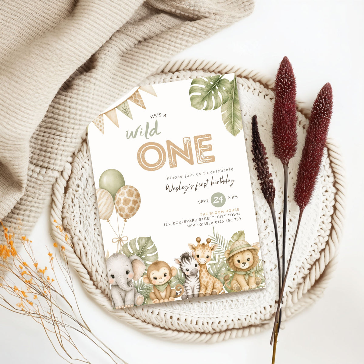 Brown Green Wild One 1st Birthday Invitation Template Boys – image 5